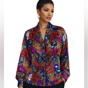 Martinique Floral Shawl Collar Pullover With Faux Button Font Gem Colors 8